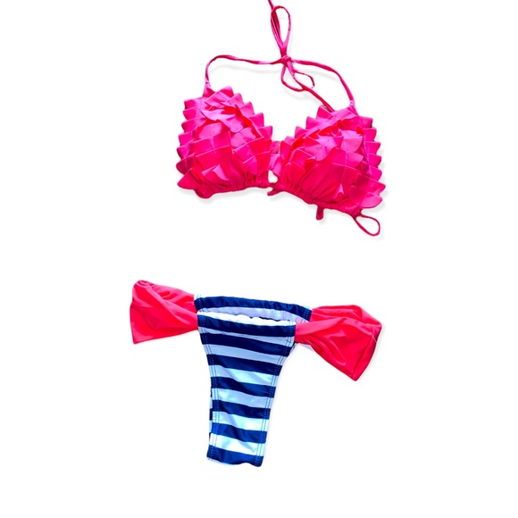 Other - NWT Vintage style Flamingo pink stripe ruffle bikini set hip hugger comfort